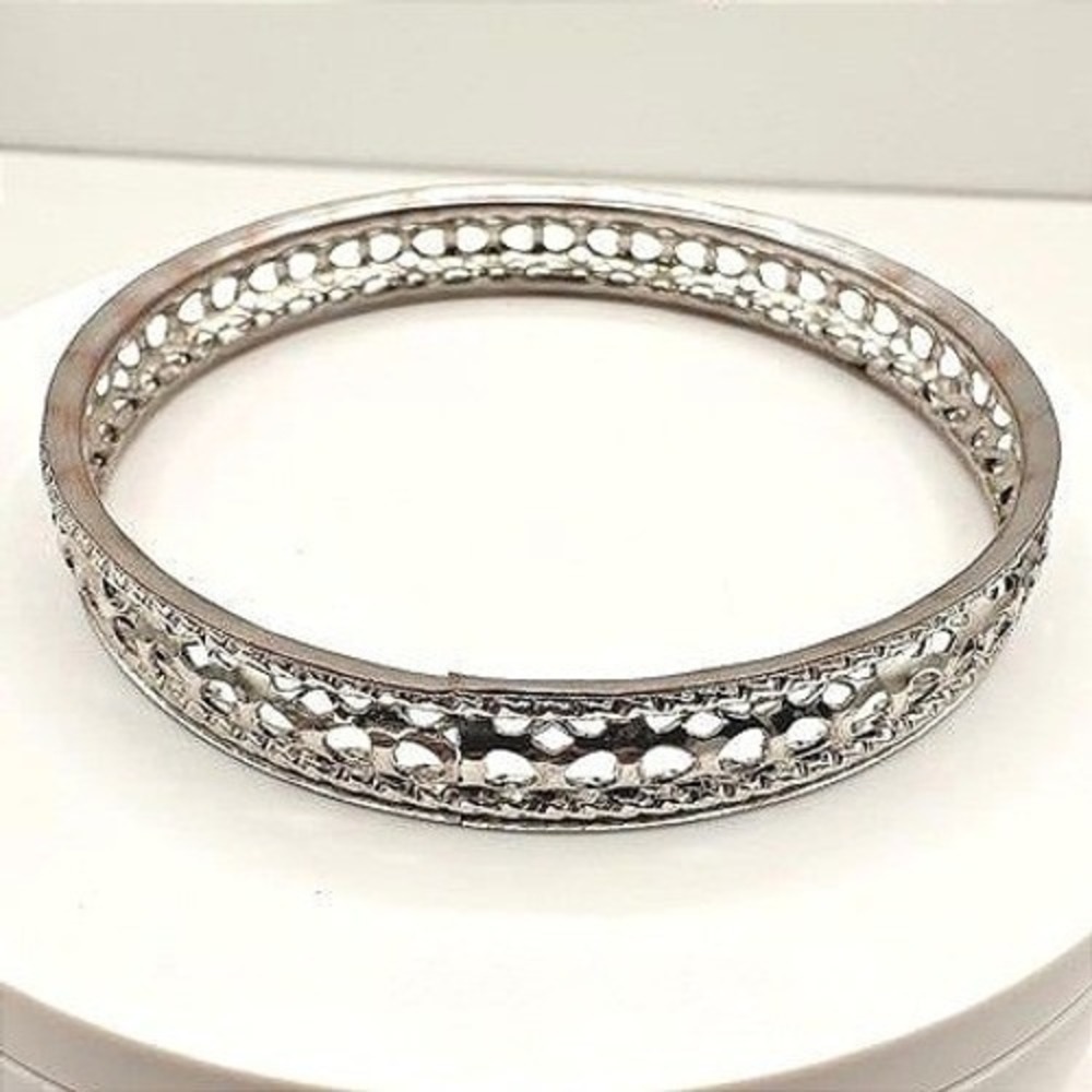 Vintage Silver Tone Openwork Heart Bangle Bracelet Etched Boho Jewelry Retro 90s